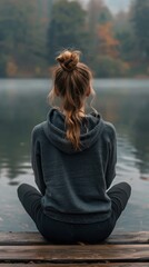 A young woman is seated on a wooden pier, gazing out at the water in contemplation.