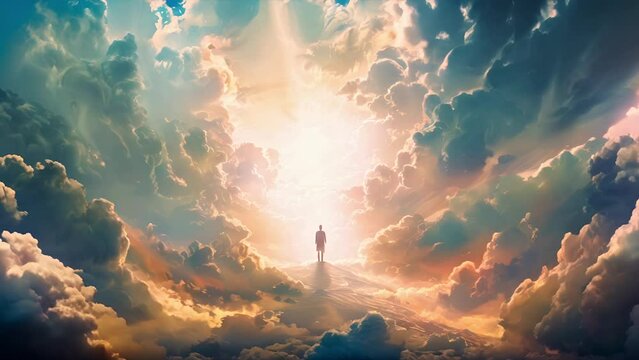 Spirit entering the gates of heaven as a silhouette surrounded by swirling clouds