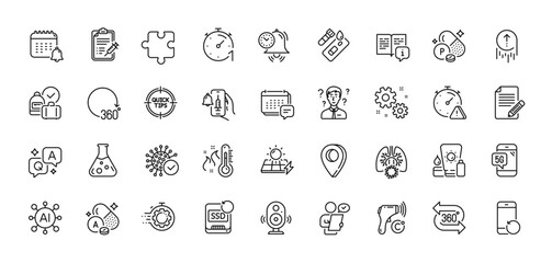 Fototapeta na wymiar Covid test, Article and Support consultant line icons pack. AI, Question and Answer, Map pin icons. Vaccine announcement, 5g phone, Time management web icon. Vector