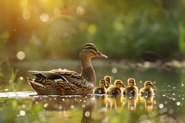Experience the heartwarming sight of a mother duck gently guiding her ducklings across a serene pond, showcasing the nurturing essence of wildlife.
 - obrazy, fototapety, plakaty