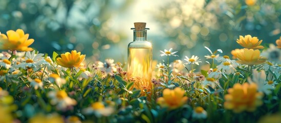 A bottle of oil is positioned in the center of a colorful field filled with blooming flowers. The...