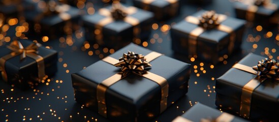 A group of black and gold wrapped presents arranged neatly on a dark background.