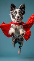 A dog in a red cape is soaring through the air, displaying a superhero-like stance and sense of motion. - obrazy, fototapety, plakaty