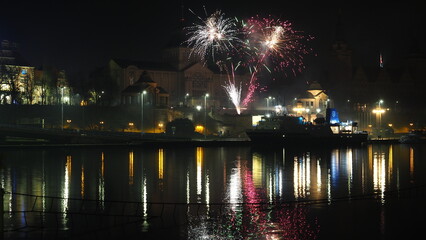 New Year's Eve Fireworks (2023-2024) at Way Chrobrego seen from across West Oder River, Szczecin...