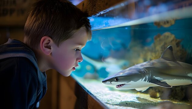 young boy looking at a tiny miniature shark in an aquarium tank 