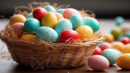 Fototapeta na wymiar Colorful Easter eggs in basket on wooden background. Happy Easter!
