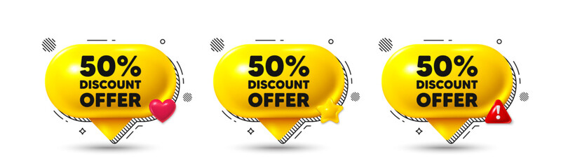 Chat speech bubble 3d icons. 50 percent discount tag. Sale offer price sign. Special offer symbol. Discount chat offer. Speech bubble banners. Text box balloon. Vector