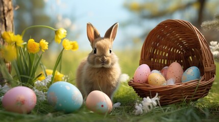 Cute little bunny and Easter eggs in basket on green grass outdoors