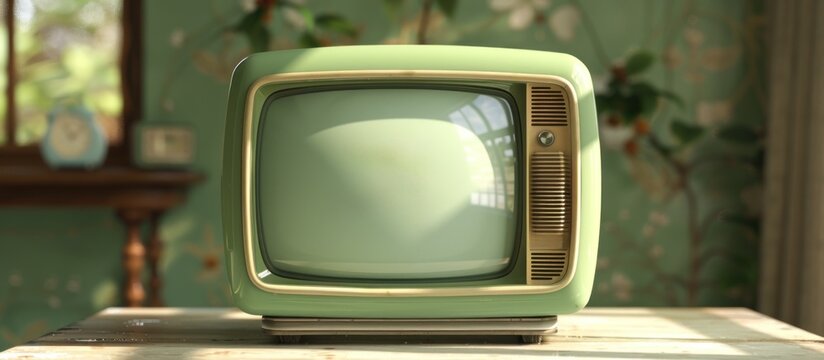 An old retro mint green TV set sits atop a wooden table, adding a nostalgic touch to the room.
