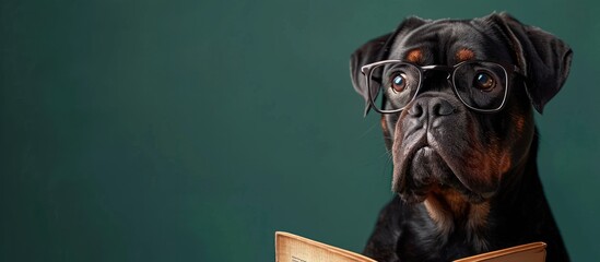 A dog with glasses attentively reads a book against a green background. - obrazy, fototapety, plakaty