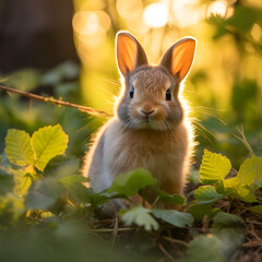 Naklejka na ściany i meble An Endearing Encounter with Nature: Baby Rabbit Relishing a Fresh Leaf amidst a Lush Green Meadow