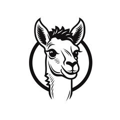 head of lama or alpaca in round frame black and white vector illustration isolated transparent background logo, cut out or cutout t-shirt print design