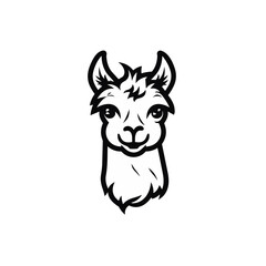 head of lama or alpaca black and white vector illustration isolated transparent background logo, cut out or cutout t-shirt print design