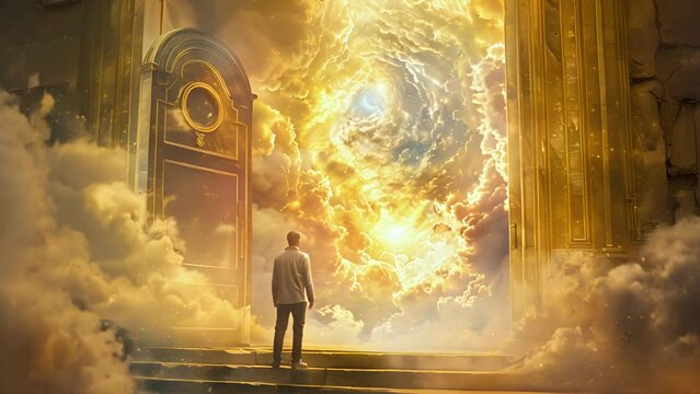 Spirit loitering at the gates of heaven as a silhouette surrounded by swirling clouds
