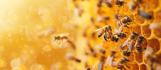 A bunch of bees are clustered on a honeycomb, working diligently. - obrazy, fototapety, plakaty