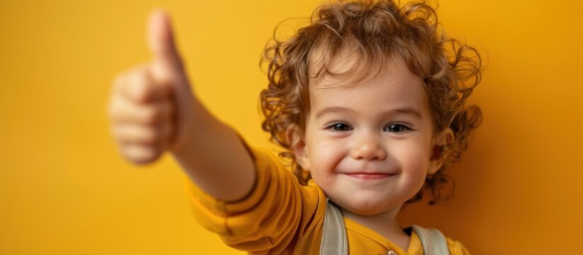 A little boy with curly hair is enthusiastically giving a thumbs up gesture against a vibrant yellow background.