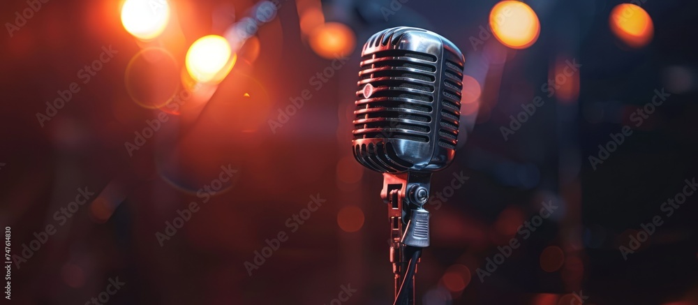 Poster An old fashioned microphone is centered in the frame, surrounded by colorful lights in the background. The microphone is made of metal with intricate details.