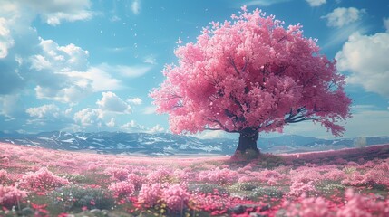 A lone large cherry tree in full bloom amidst a field of pink flowers under a blue sky.Digital art style. For book covers, posters, web backgrounds. Festival and cultural. With copy space. - obrazy, fototapety, plakaty