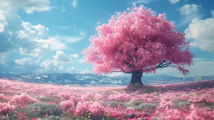 Foto op Aluminium A lone large cherry tree in full bloom amidst a field of pink flowers under a blue sky.Digital art style. For book covers, posters, web backgrounds. Festival and cultural. With copy space. © Eugen