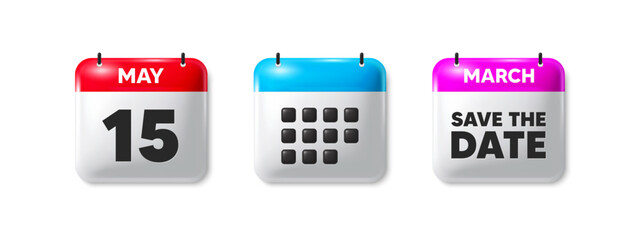 15th day of the month icon. Calendar save the date 3d icon. Event schedule date. Meeting appointment time. 15th day calendar message. Save the date month banner. Day or Monthly of schedule. Vector