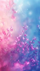 A blend of pink and blue colors forms the backdrop for a vibrant array of colorful spring flowers in various shades and sizes.