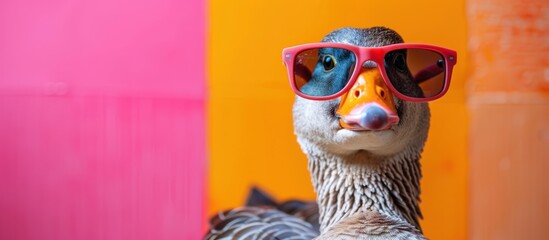 A bird with sunglasses on its head is standing in front of a vibrant and colorful wall, creating a...