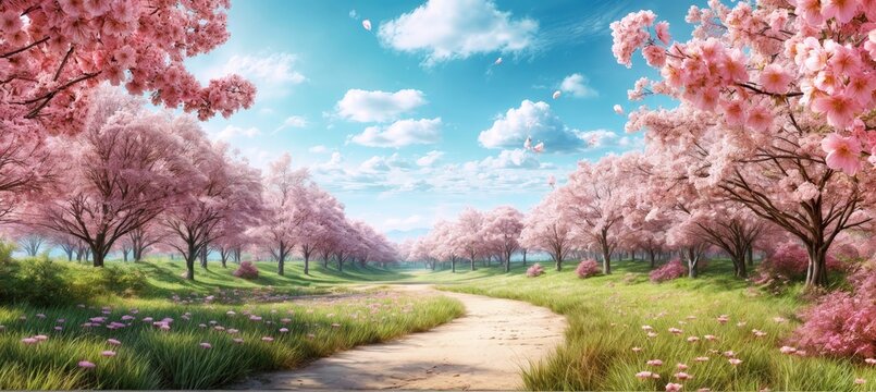 A bright landscape with cherry blossom trees, road and clear sky in the background. Digital art style. For book covers, posters, web backgrounds. Festival and cultural.