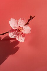 Pink sprigs and cherry blossoms on a red background. Minimalist, modern, clean. Natural beauty, tranquility, simplicity. With copy space. Backgrounds, health and beauty products, minimalist.