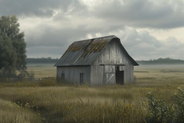 Obraz premium Barn in a Field With Trees and Clouds in the Background