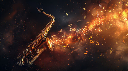 High-resolution photo of a saxophone with music notes flowing from the bell, symbolizing the beautiful sounds produced, set against a dark, moody background - obrazy, fototapety, plakaty