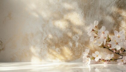 White cherry blossoms with soft shadows and light patterns on a textured background. The beauty of spring and the transient nature of life. for print, posters, brochures, covers,background. Copy space