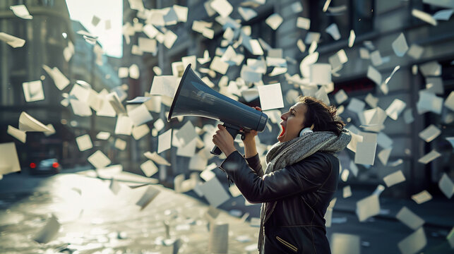 Photo-realistic image of a person shouting into a megaphone with paper notes flying away in the wind, symbolizing empty announcements, set in a deserted urban square