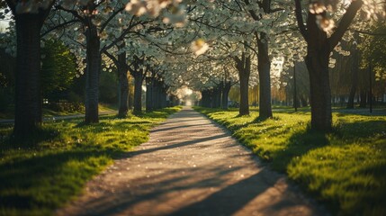 Naklejka premium Cherry blossoms in the park. Cherry blossom festival. The beauty of nature, tranquility, springtime. 