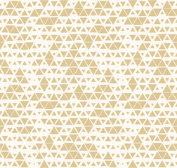 Golden vector seamless pattern with small triangles. Stylish modern background with halftone effect, randomly scattered shapes, diamonds. Simple gold and white texture. Trendy repeated luxury design