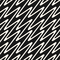 Simple monochrome zigzag lines seamless pattern. Vector texture with smooth diagonal zig zag, waves, curved stripes, chevron. Black and white abstract geometric background. Modern repeated geo design
