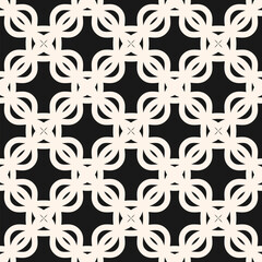 Elegant vector geometric seamless pattern with curved shapes, grid, mesh, lattice, flower silhouettes. Simple black and white ornamental texture. Abstract monochrome background. Repeated geo design