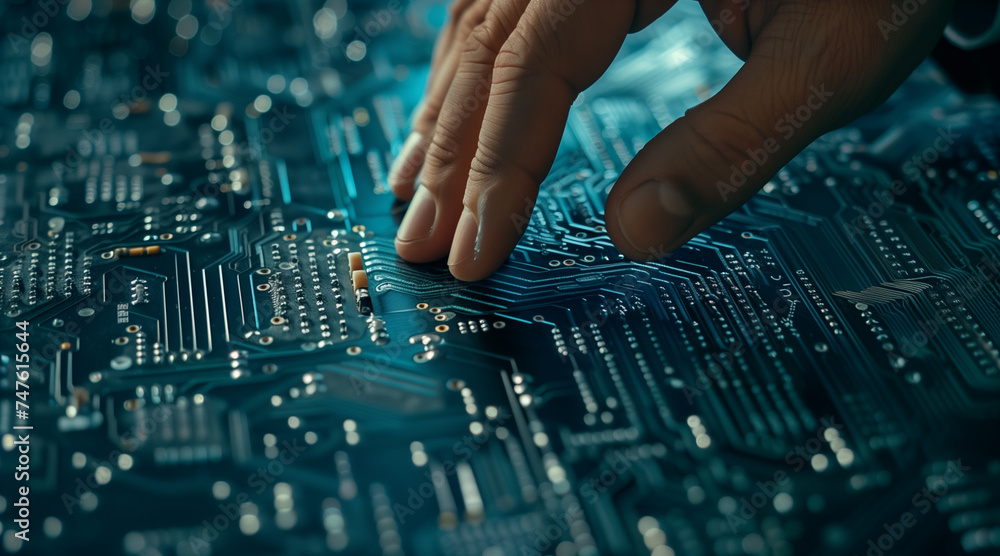 Poster big data, businessman touching a circuit board, intricately weaves its way through the global networ