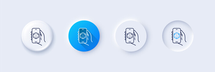 3d app line icon. Neumorphic, Blue gradient, 3d pin buttons. Hand hold phone sign. Cellphone with screen notification symbol. Line icons. Neumorphic buttons with outline signs. Vector