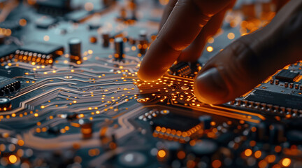 Big data, businessman touching a circuit board, intricately weaves its way through the global network, influencing and shaping the dynamics of industries, economies, and decision-making processes
