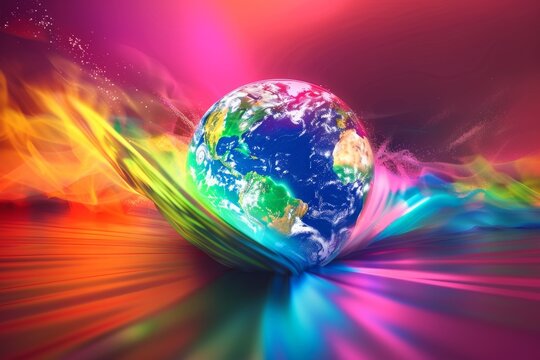 spinning globe with colorful light rays Generative AI