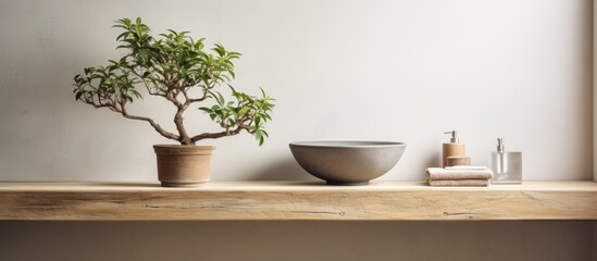 A potted blooming bonsai plant with beige leaves and flowers sits atop a vintage wooden shelf. The shelf is located in a modern interior design setting,