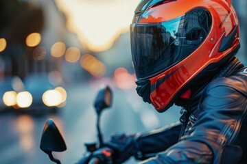 Person Riding Motorcycle With Helmet on Street - obrazy, fototapety, plakaty
