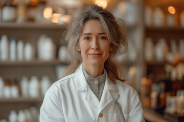 Pharmacy store with professional pharmacist offering advice on medications, health, and medical care, showcasing a variety of drugs and patient services..