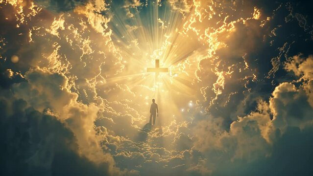 Spirit loitering in front of a cross at the gates of heaven as a silhouette surrounded by swirling clouds
