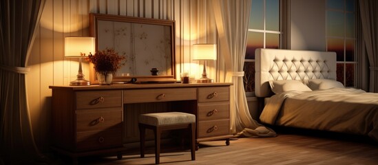 A modern bedroom featuring a comfortable bed, a stylish dresser, and a sleek mirror on a wooden makeup table. The room is well-lit by a table lamp with a shade.