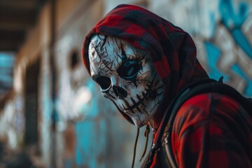 Fototapeta na wymiar Man in Red Hoodie With Skull Face
