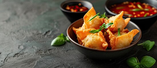 A ceramic dish filled with delicious Asian-style deep fried wontons, stuffed with minced pork and served alongside a bowl of tangy sweet and sour sauce.