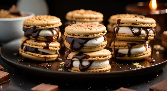 smores macarons featuring the perfect blend of toasted marshmallows and chocolate ganache