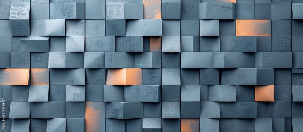 Poster this close-up photo showcases an abstract tile wall composed of cubes, creating mesmerizing patterns