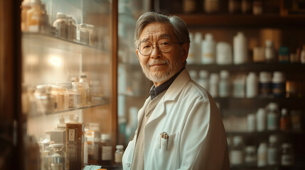 Expert pharmacist in a pharmacy store, uniquely offering a wide range of medications alongside specialized Asian herbs, emphasizing personalized medical consultations and integrated healthcare 